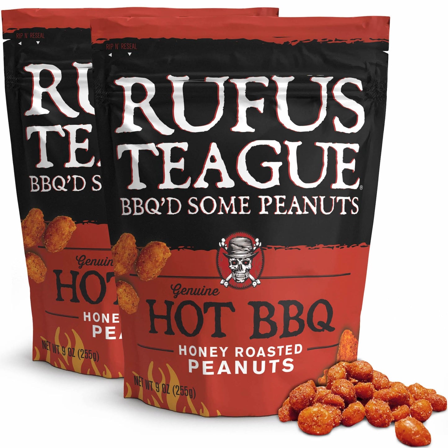 Rufus Teague Blazin’ Hot BBQ Peanuts – Sweet, Spicy & Smoky Snack, 9 oz Resealable Pouch, 2 Pack