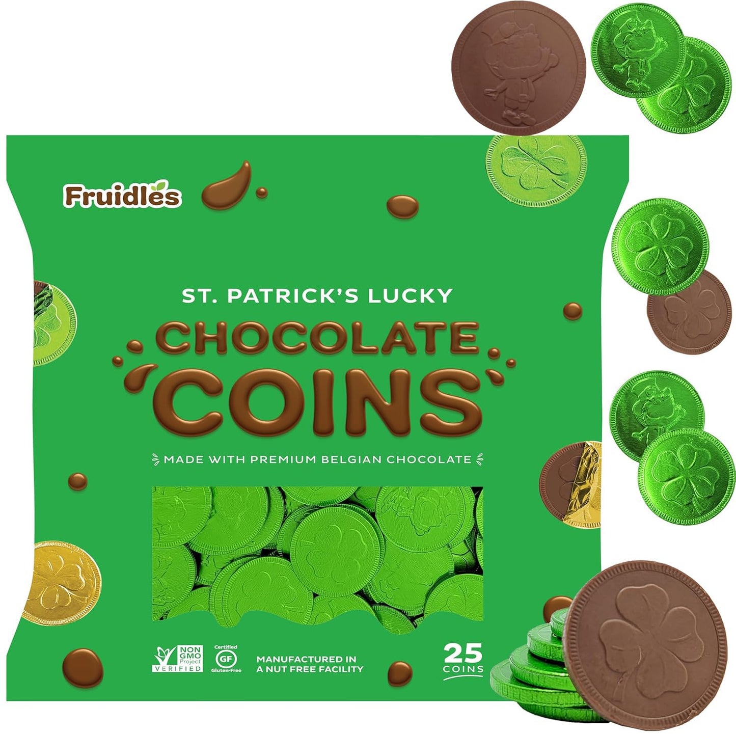 Fruidles Saint Patricks Day Clover Shamrock Green Coins, Nut-Free Candy, Kosher, 25-Pack
