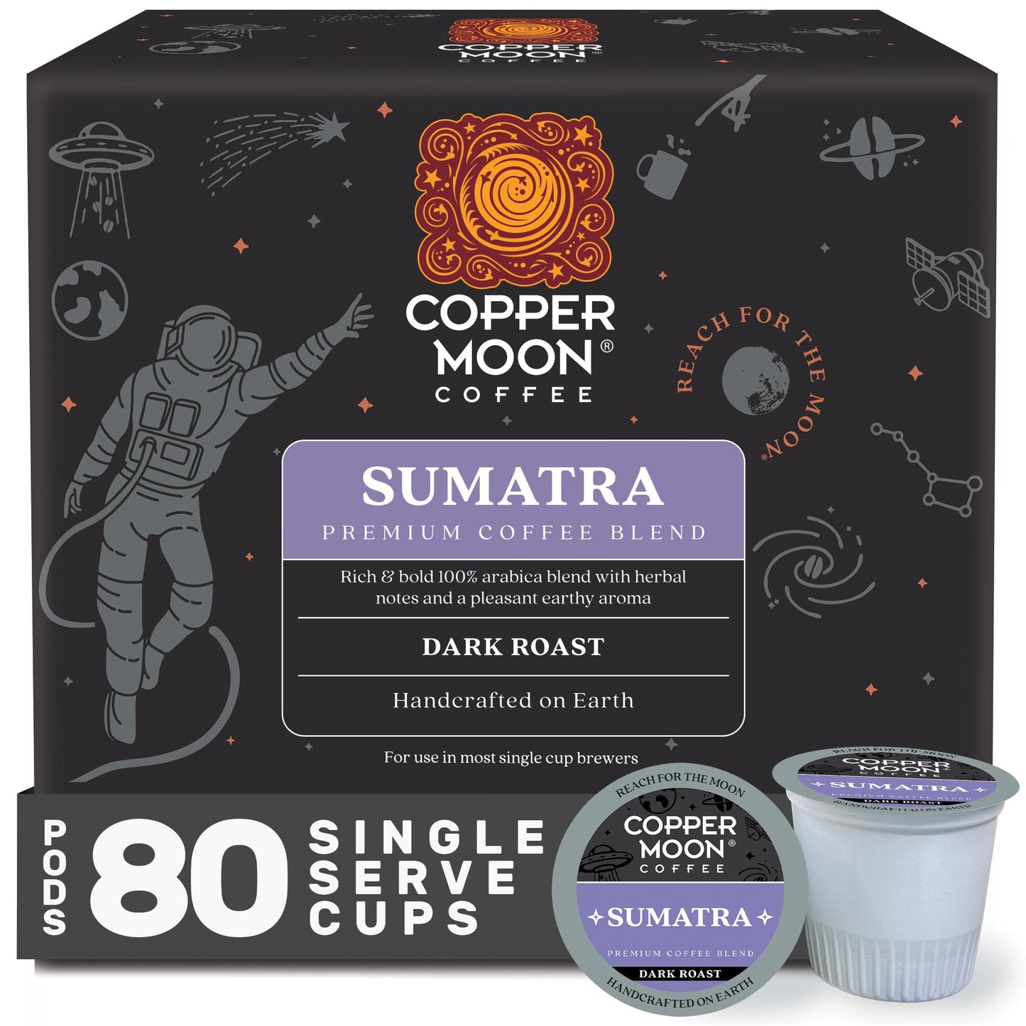 Copper Moon Dark Roast Single Serve Coffee Pods for Keurig, Sumatra Blend, 80 Count
