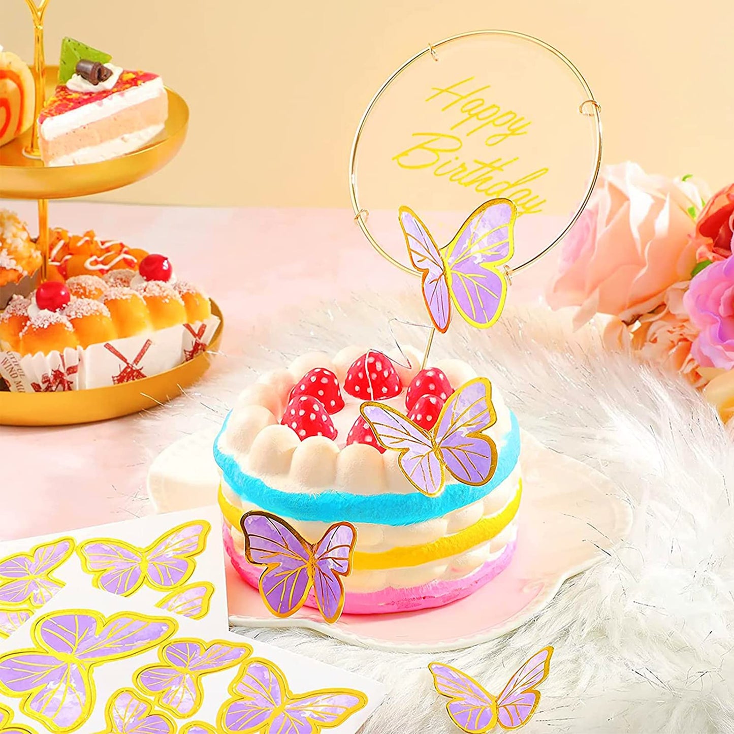 80Pcs Butterfly Cake Toppers Set Happy Birthday 3D Mixed Color Pink Purple Cupcake Picks Butterfly Cupcake Topper With Dot Glue
