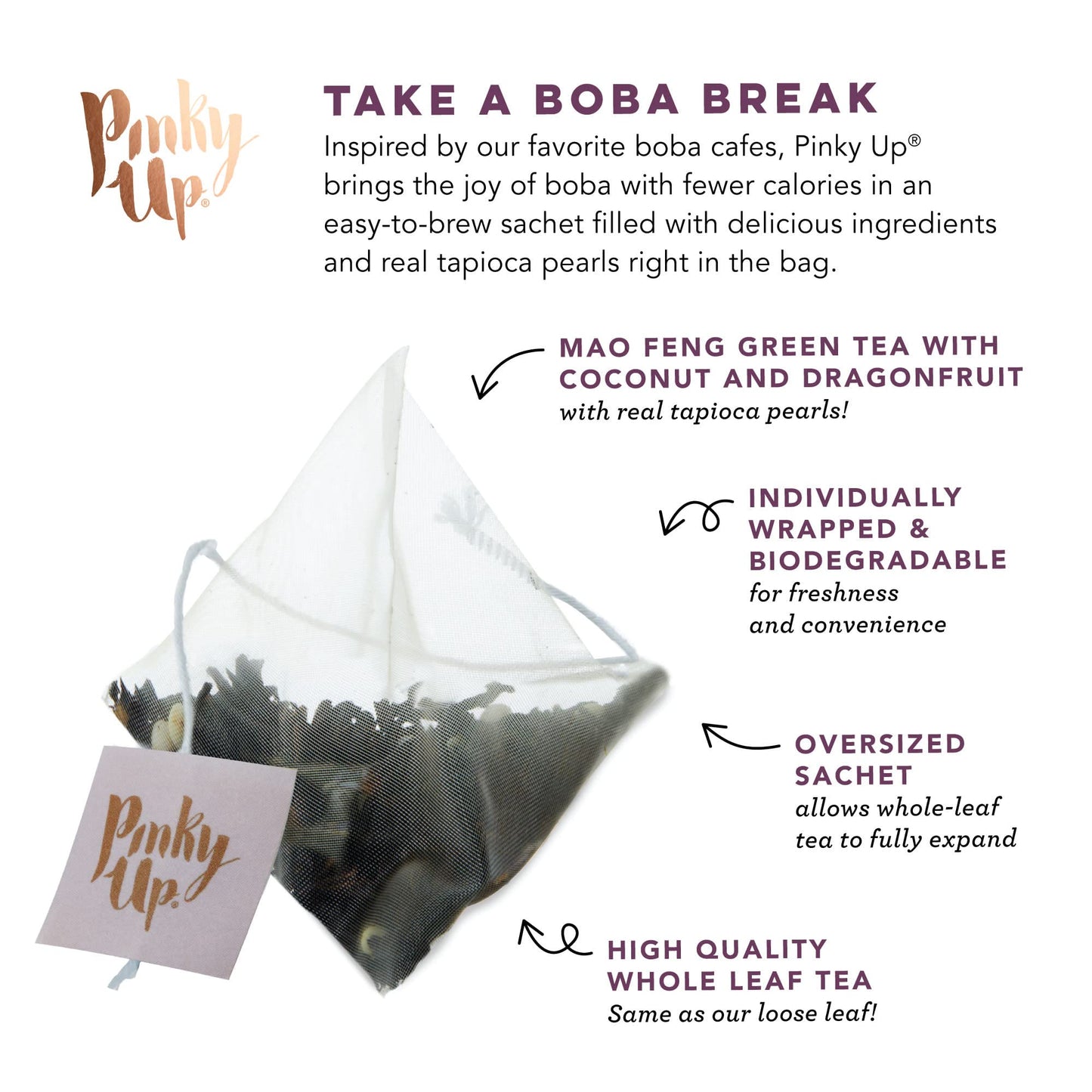Pinky Up Mochi Ice Cream Boba Tea Sachets - Low Calorie Whole Leaf Green Tea Bubble Tea - Boba Gift 12 Biodegradable Tea Bags
