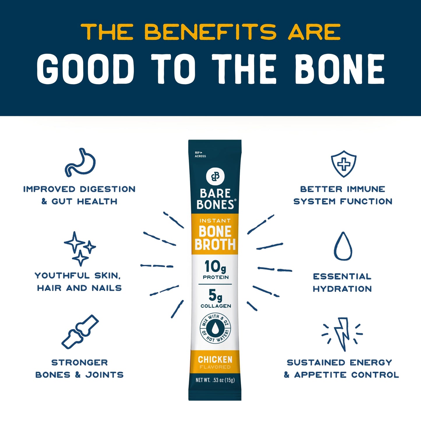 Bare Bones Bone Broth Instant Powdered Beverage Mix, Chicken, Pack of 16, 15g Sticks, 10g Protein, Keto & Paleo Friendly