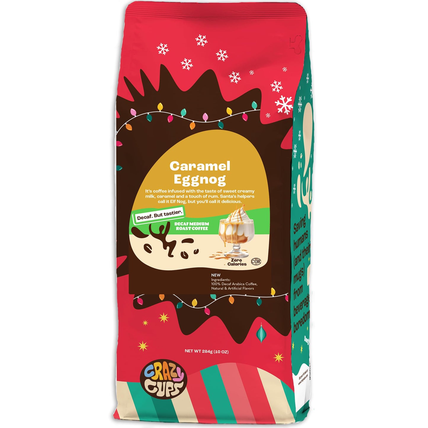 Crazy Cups Decaf Eggnog Coffee, 10 oz Bag, Flavored Ground Coffee for Hot or Iced Brew, Pack of 1