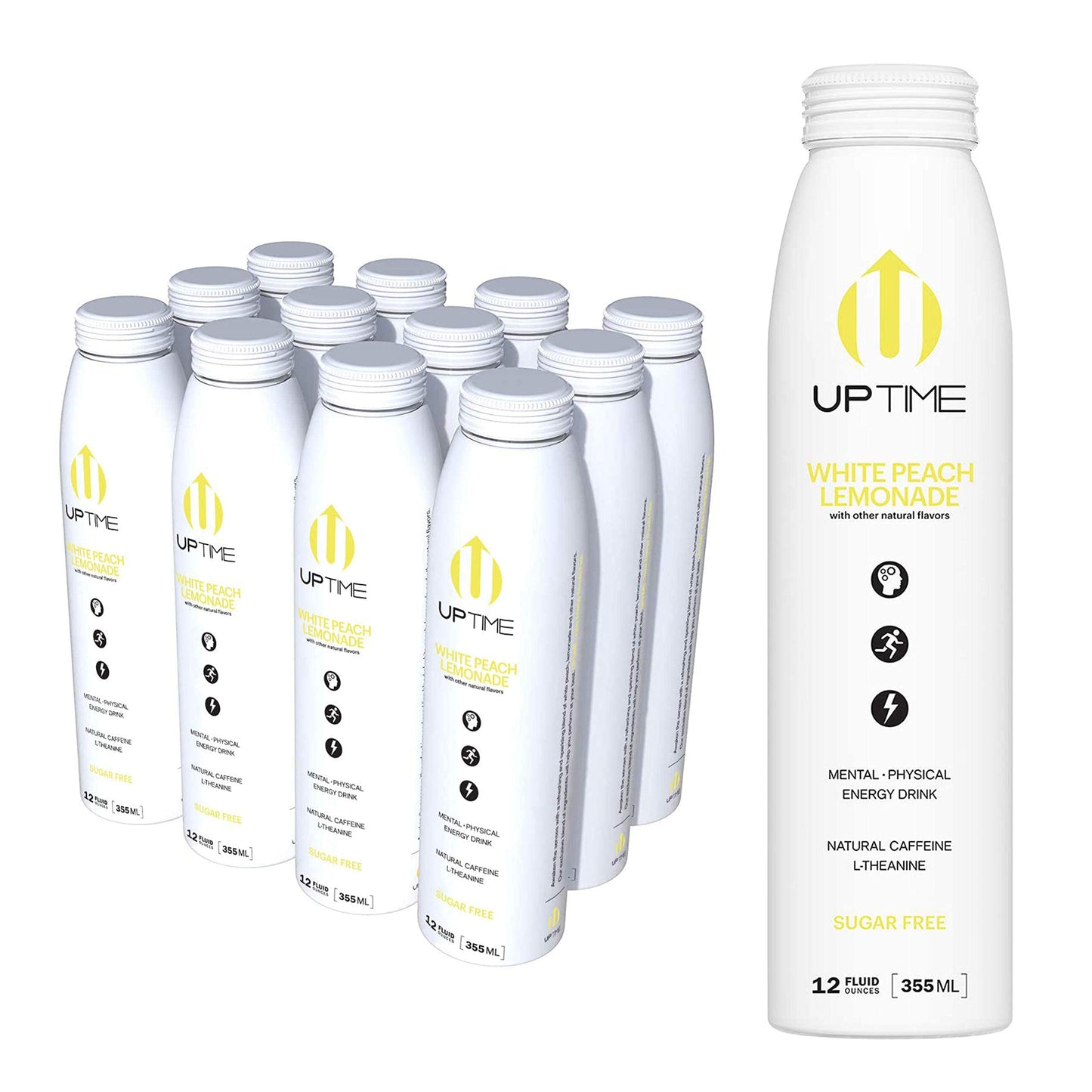 UPTIME Premium Energy Drink - White Peach Lemonade, Zero Sugar, 12oz Bottles, 12 Pack, Natural Caffeine, Sparkling, 5 Calories