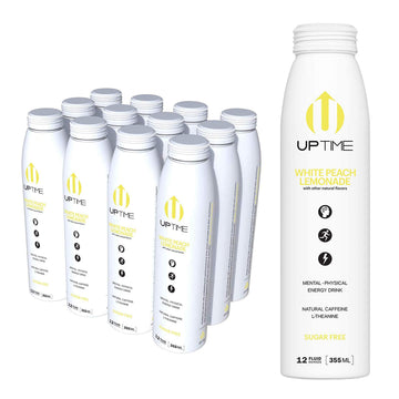 UPTIME Premium Energy Drink - White Peach Lemonade, Zero Sugar, 12oz Bottles, 12 Pack, Natural Caffeine, Sparkling, 5 Calories