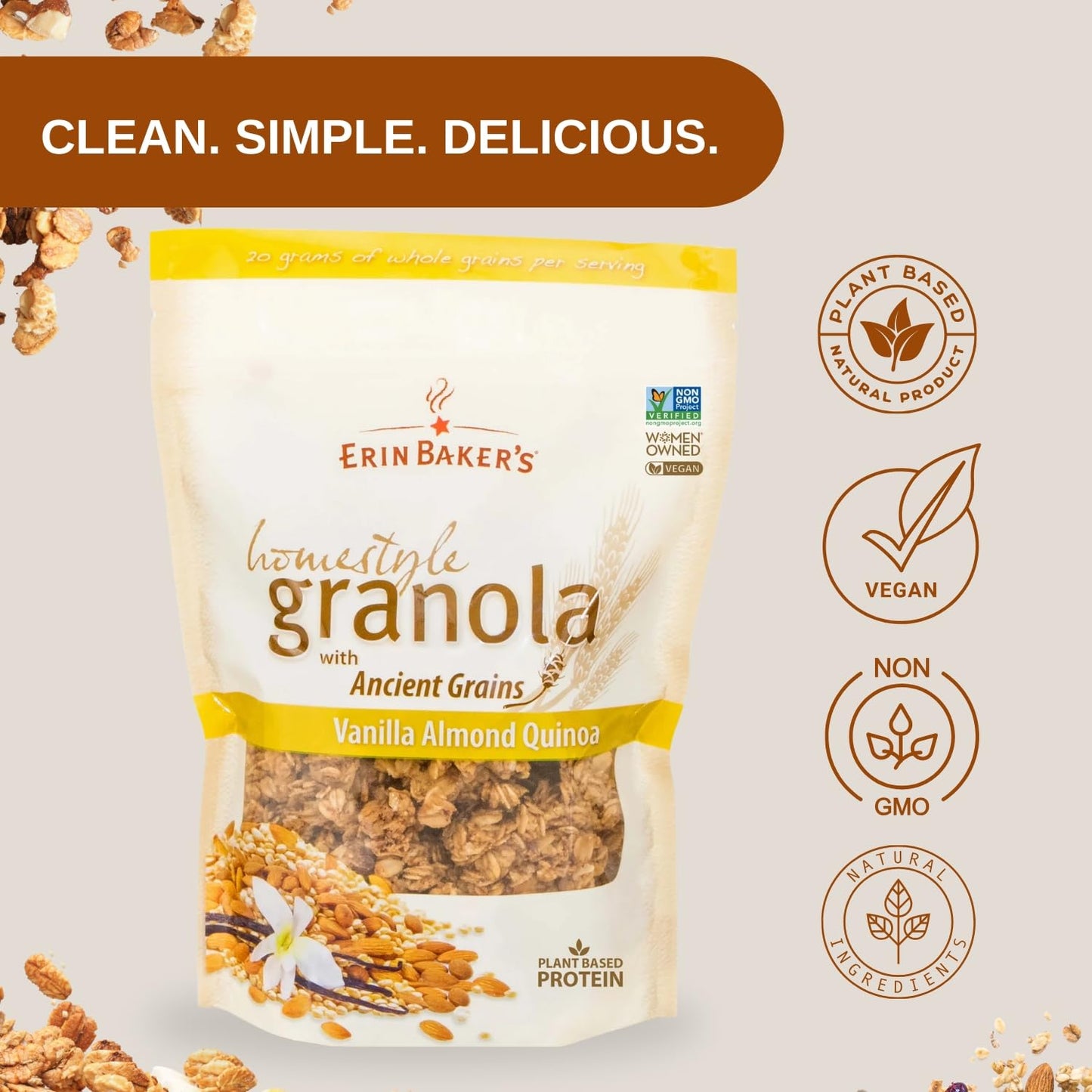Erin Bakers Granola Cereal, Vanilla Almond Quinoa, 160 oz, Plant-Based Protein, Vegan Friendly, Non-GMO, 1-Pack