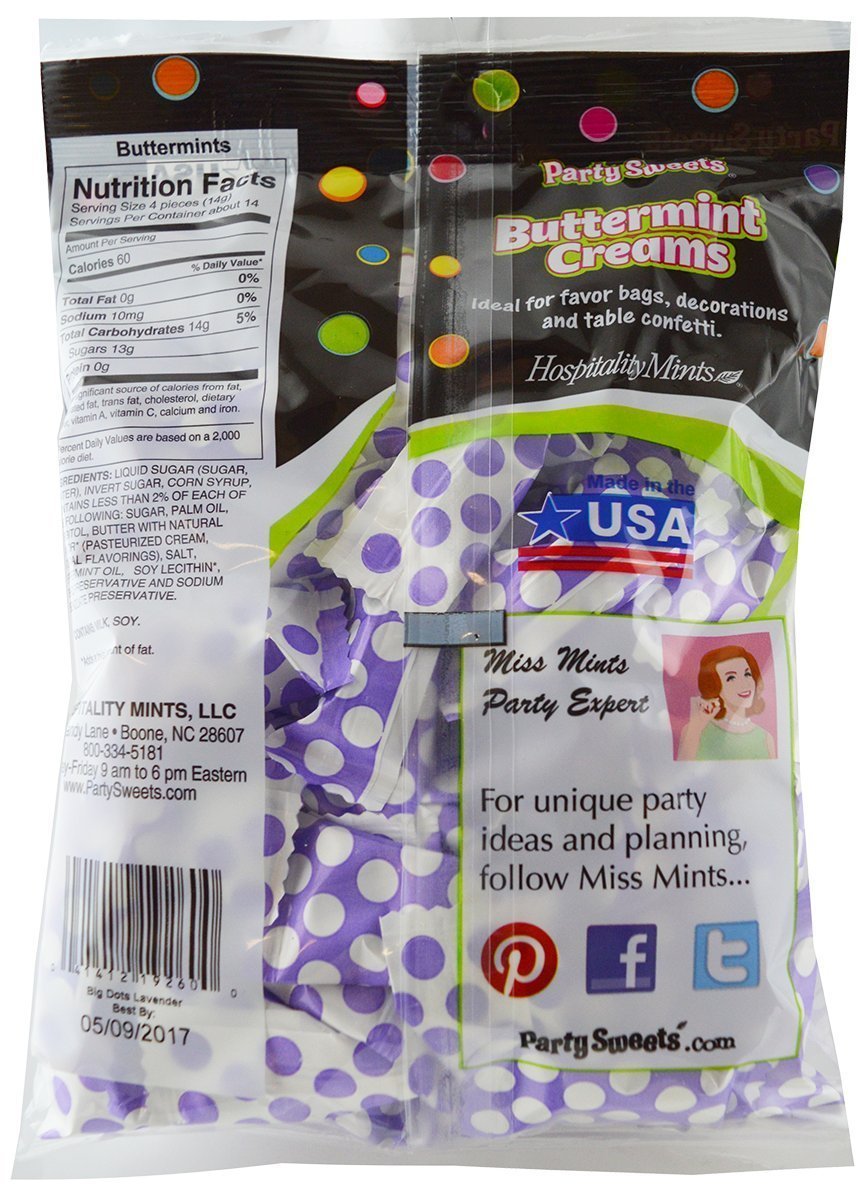 Party Sweets Big Dots Lavender Buttermints By Hospitality Mints, Appx 300 Mints, 7-Ounce Bags (Pack Of 6), White