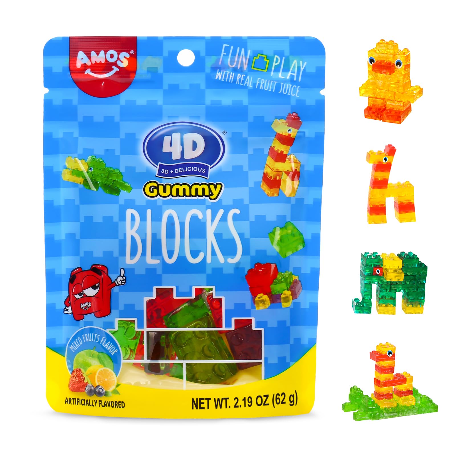 Amos 4D Gummy Blocks Candy Bricks, Edible Building Blocks, Themed Novelty Candy For Kids Birthday Party, Cupcake Topper, Reseala