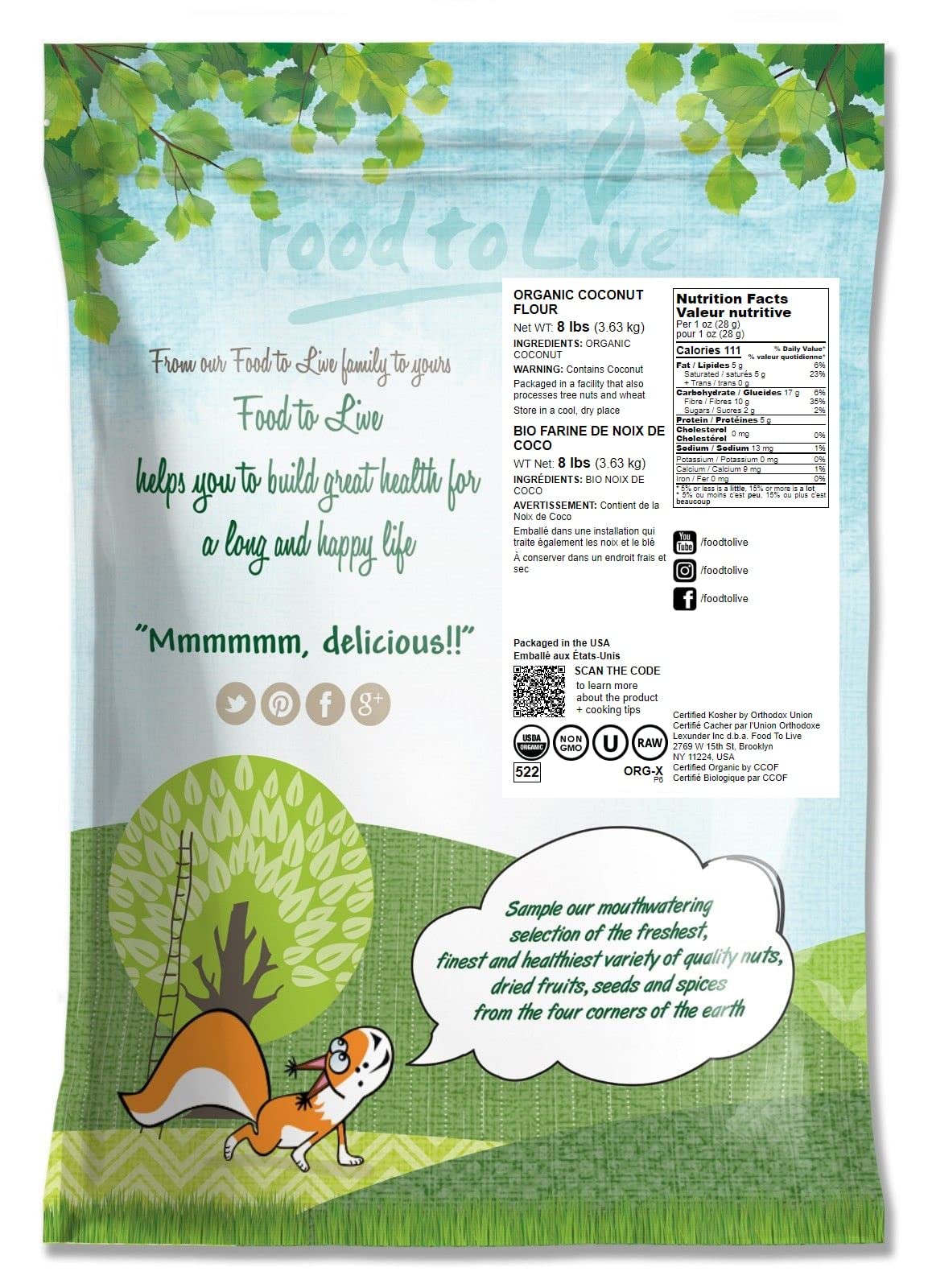 Food To Live - Organic Coconut Flour, 8 Pounds - Non-Gmo, Kosher, Raw, Vegan, Unsweetened, Unrefined, Unsulfured Fine Powder, Bu