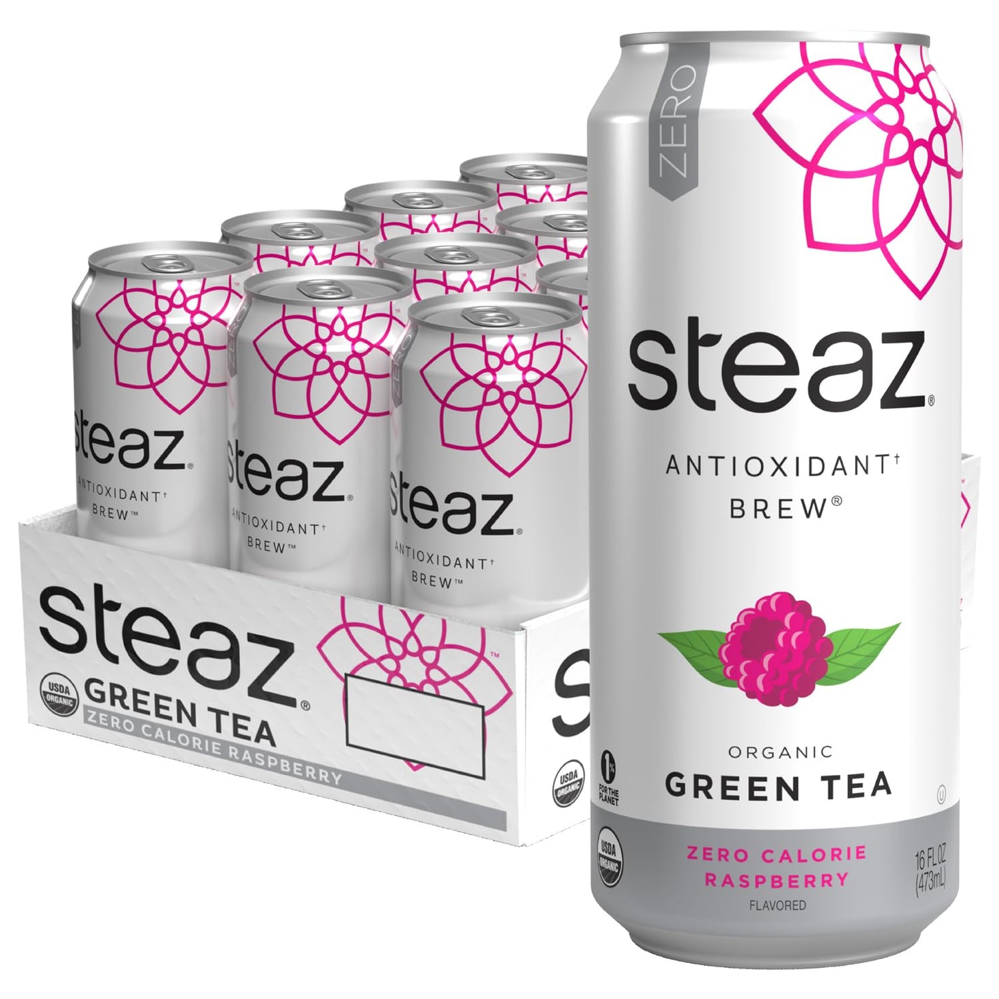 Steaz Organic Green Tea Zero Calorie Raspberry - Antioxidant Brew - 16 Fl Oz (Pack of 12) - 65mg Caffeine - Vegan, Fair Trade