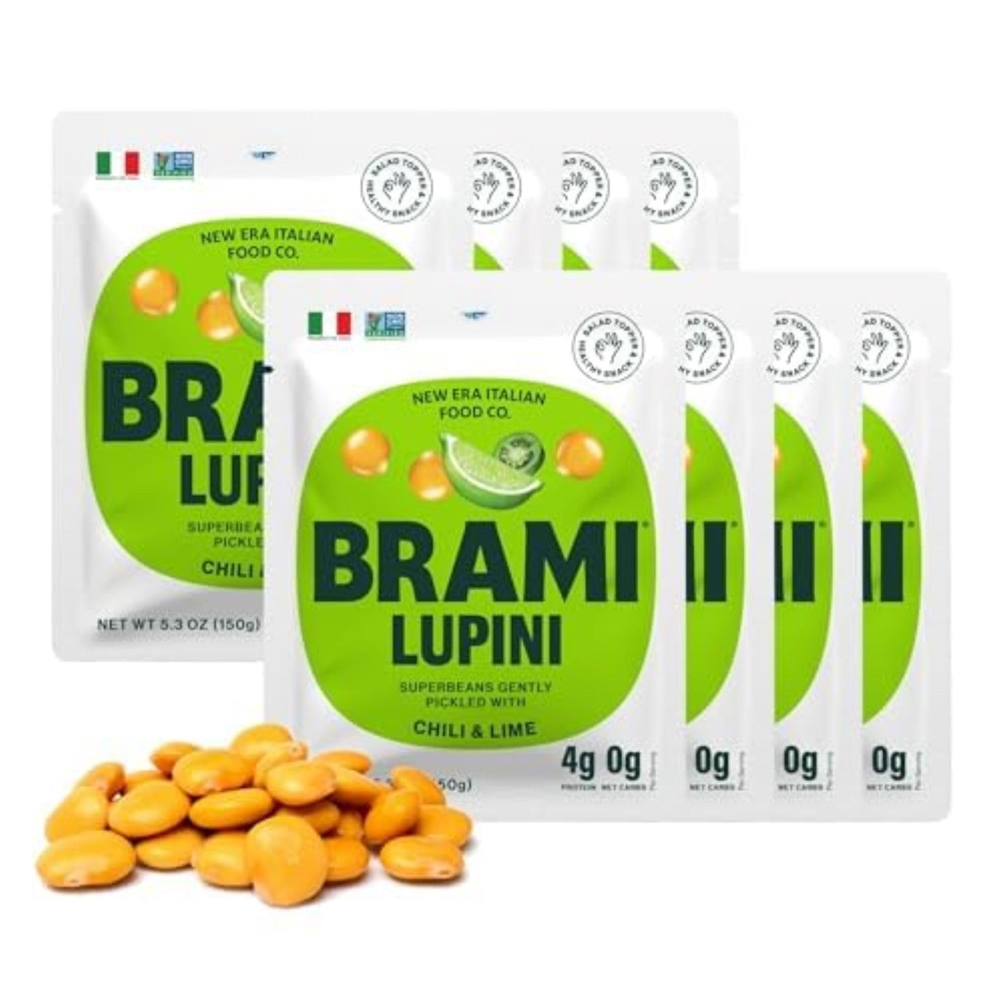 Brami Lupini Beans Snack, Chili & Lime | 7G Plant Protein, 0G Net Carbs | Vegan, Vegetarian, Keto, Plant Based, Mediterranean Di