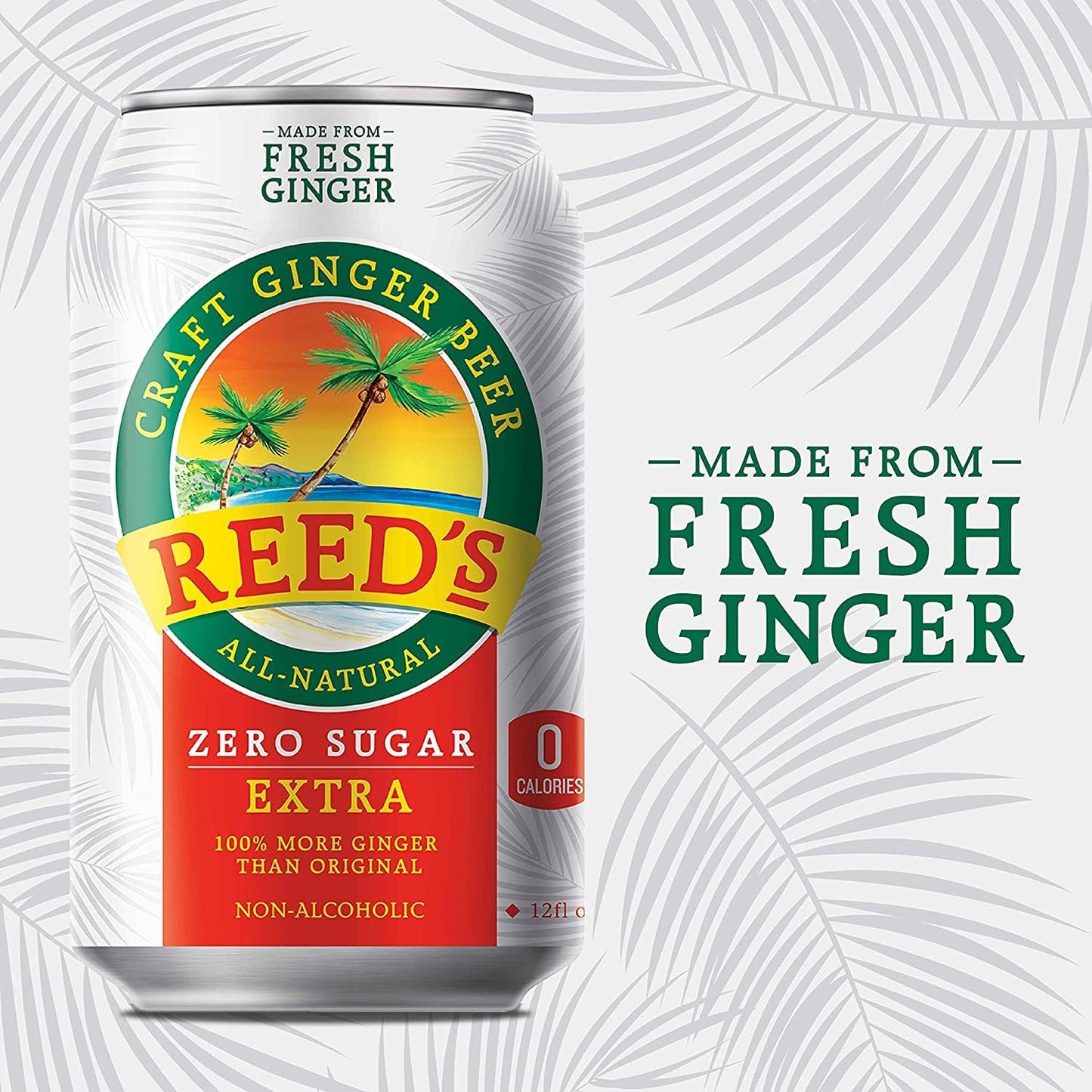 Reeds Zero Sugar Extra Ginger malt-inspired - Crafted with Fresh Ginger - 12oz Cans, 24 Pack