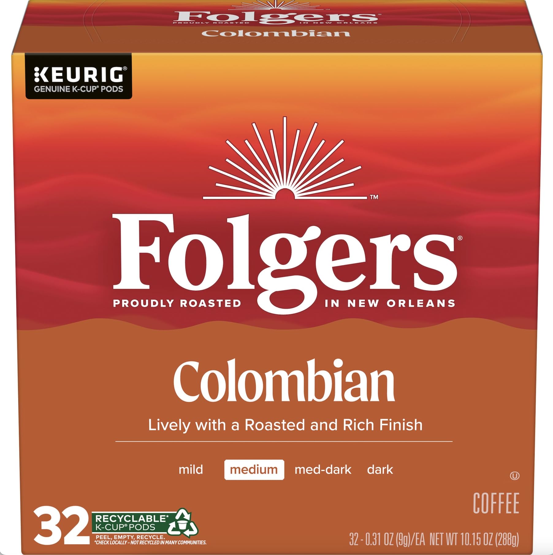 Folgers Colombian Medium Roast Coffee, 128 Keurig K-Cup Pods