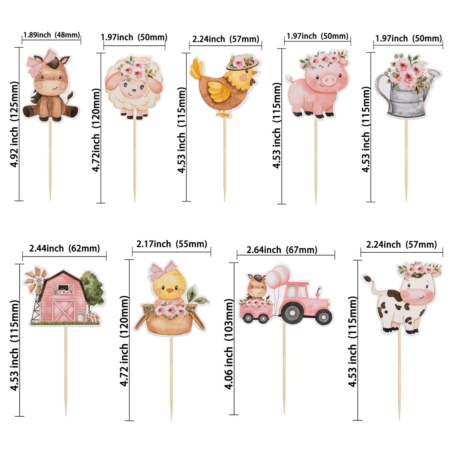 Gyufise 36Pcs Pink Floral Farm Animal Cupcake Toppers Pink Cute Girl Farm Animal Birthday Cupcake Toppers Picks For Girls Farm A