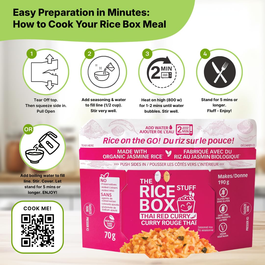 The Rice Stuff Box - Thai Red Curry Instant Rice Meals, 6-Pack, Organic Jasmine Rice, NON-GMO, Gluten-Free, Vegan, Dairy-Free (P
