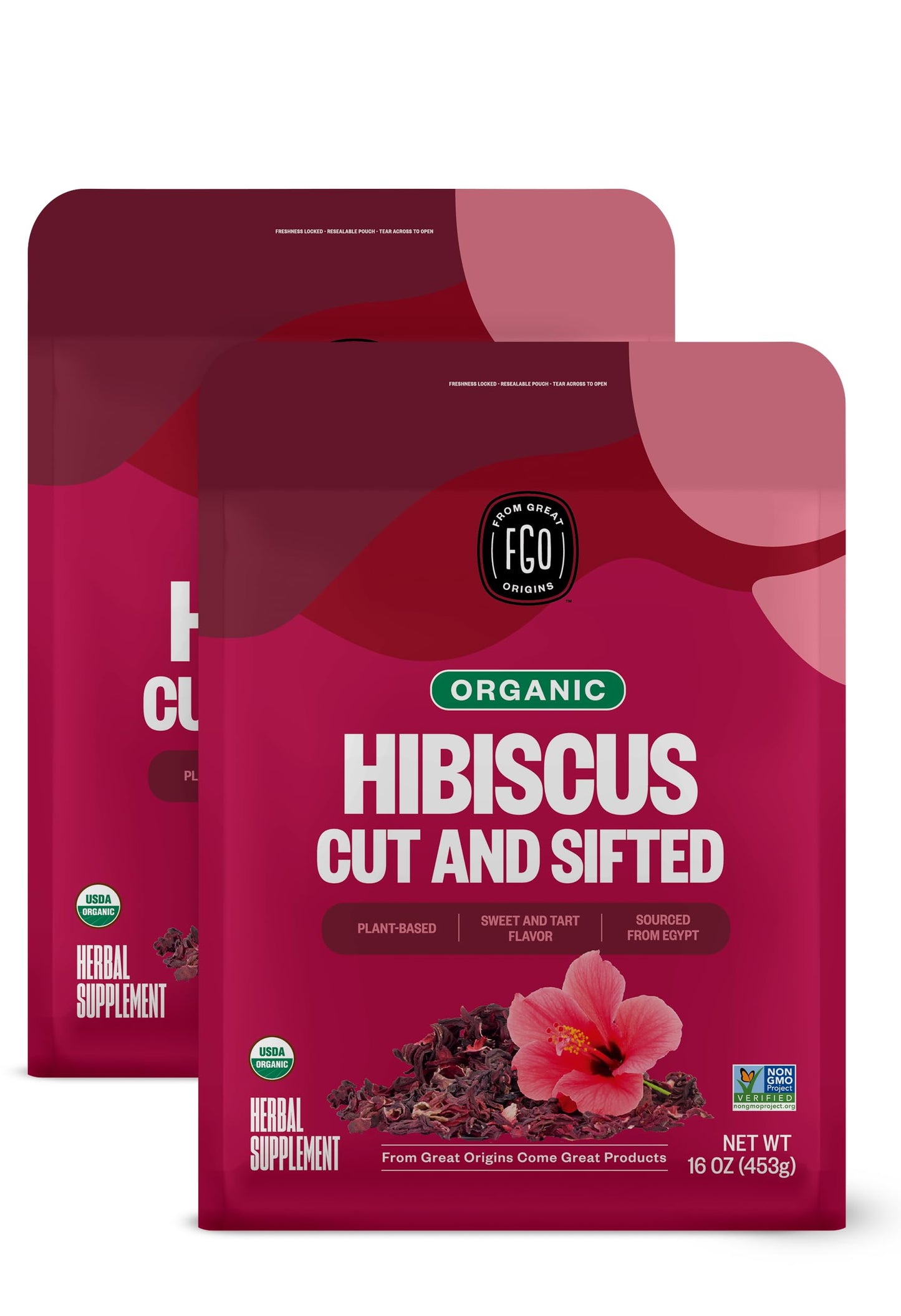 FGO Organic Hibiscus Flowers Loose Tea - 16 Ounce Bulk Resealable Bag (Pack of 2)