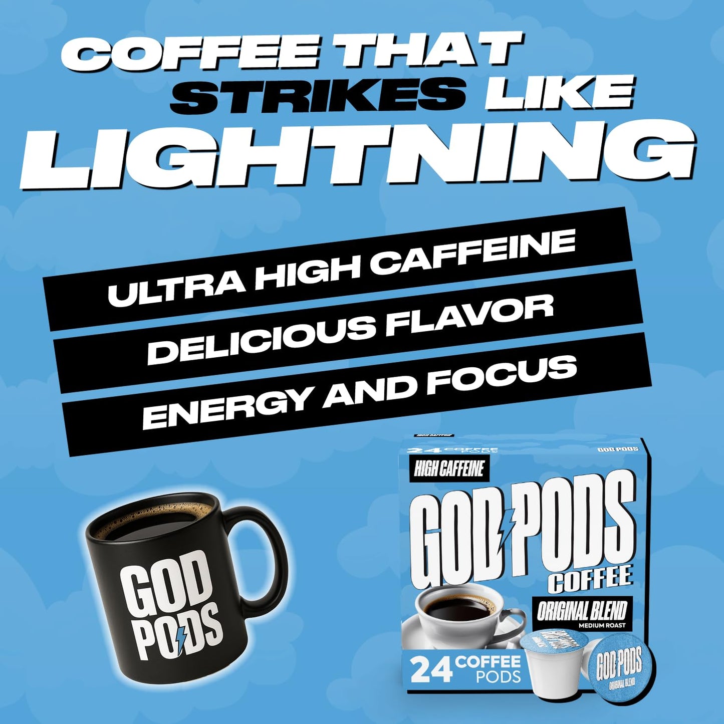 GOD PODS COFFEE High Caffeine  Medium Roast K Cups  Original Blend  Focus and Energy  Single Serve Coffee Pods  24 Count