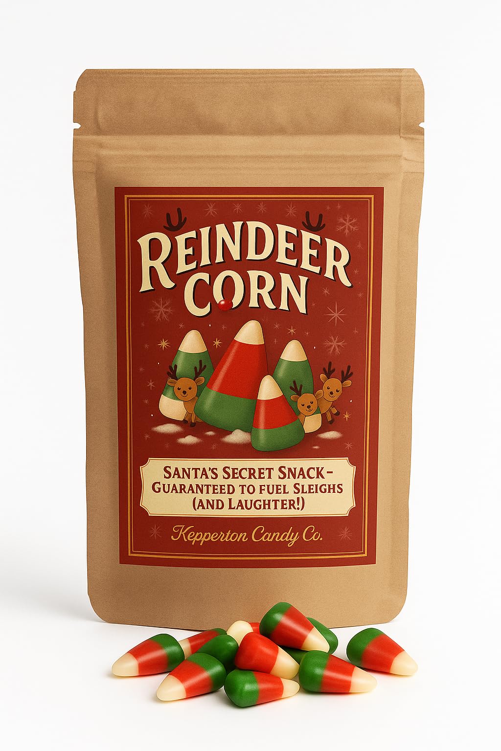 Kepperton Reindeer Corn - Christmas Candy Corn In Red  Green & White  Festive Small-Batch Vanilla Kernels In Kraft Gift Pouch - Holiday Sweets For Stocking Stuffers & Gifting