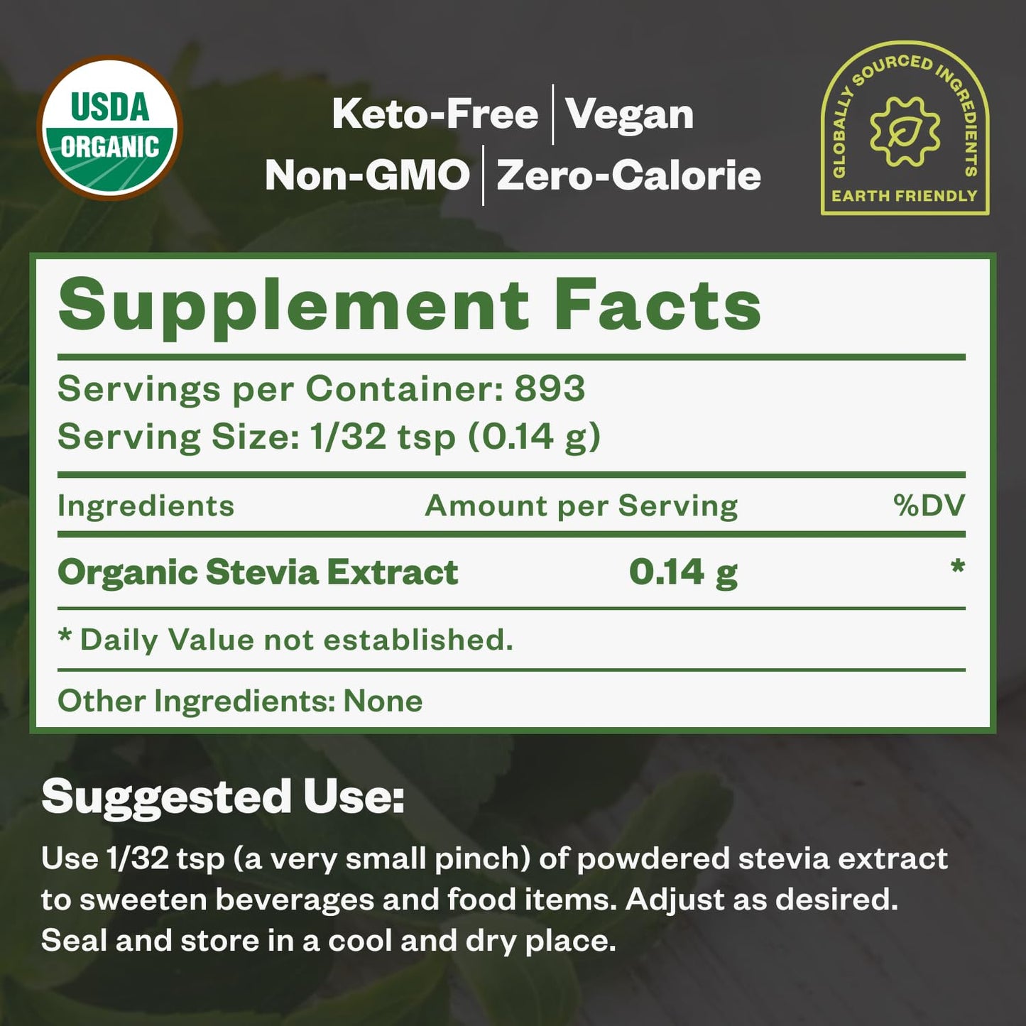 All Natural Organic Stevia Powder 125G (846 Servings) Highly Concentrated Pure Extract No Fillers Additives Or Artificial Ingred