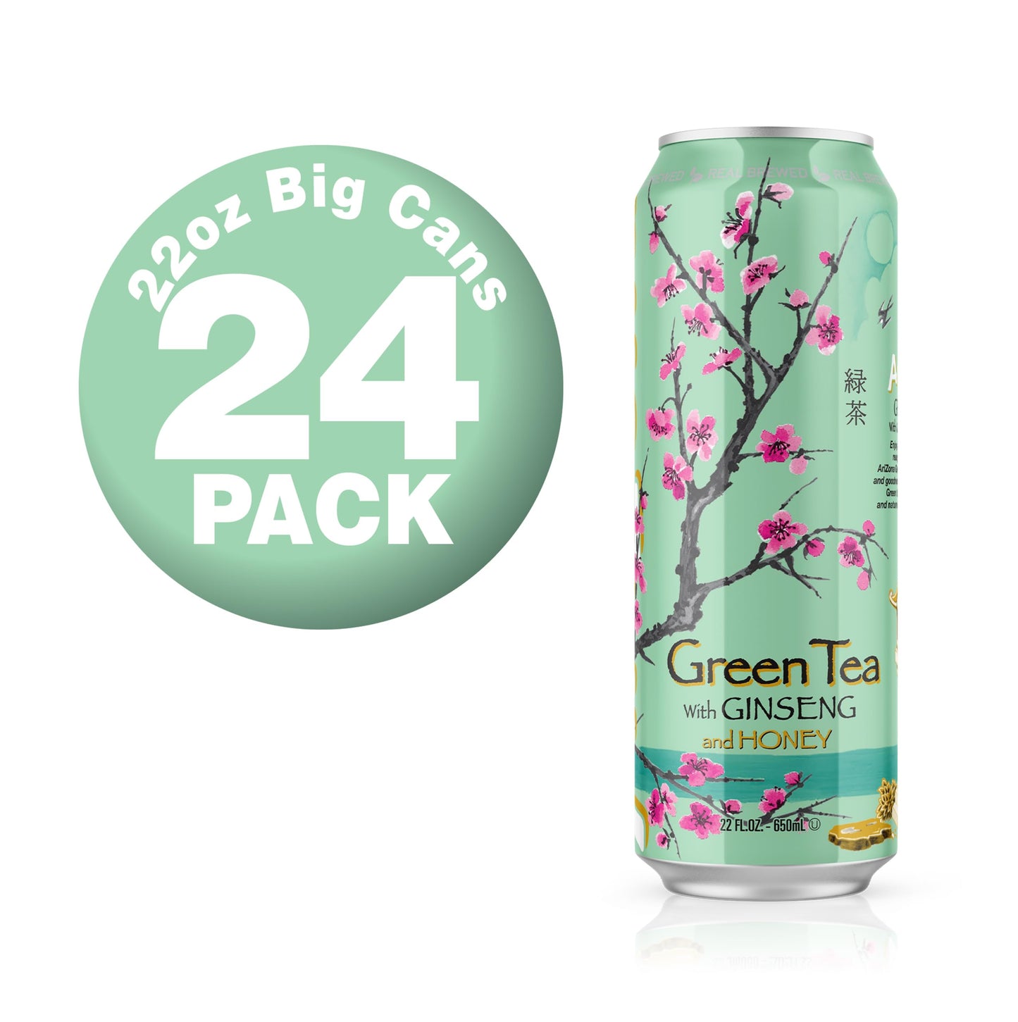 Arizona Green Tea with Ginseng and Honey - 22 Fl Oz (Pack of 24) - Big Can, Green Tea
