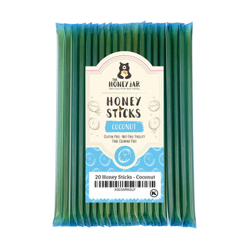 The Honey Jar coconut Flavored Raw Honey Sticks - Pure Honey Straws For Tea coffee or a Healthy snack - One Teaspoon of Flavored