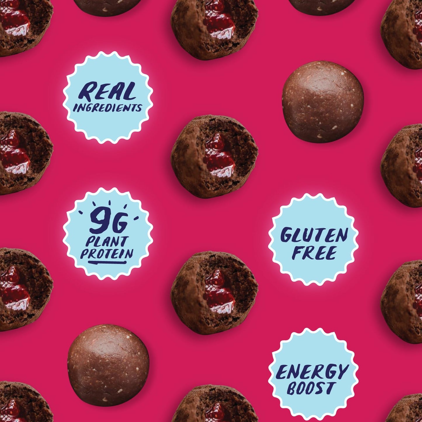 Chia Smash Raspberry Energy Bites | Gluten-Free Vegan Snack Balls | 8g Protein | 8 Pack (5 Bites) | Chocolate Peanut Butter & Raspberry