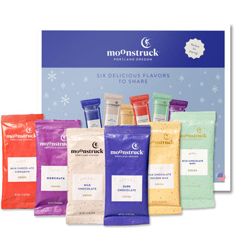 Moonstruck Chocolate Hot Chocolate Mix Variety Pack - Contains 6 Flavors: Milk Chocolate Cocoa, Dark Chocolate Cocoa, Milk Choco