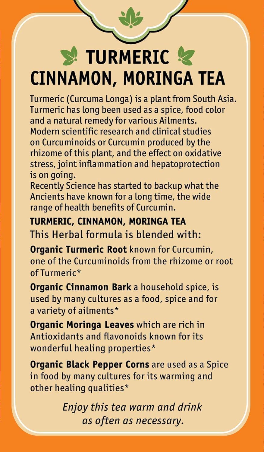 Herbal Cup Turmeric Tea, Organic Cinnamon Moringa, No Caffeine, 16 Count, Pack of 1