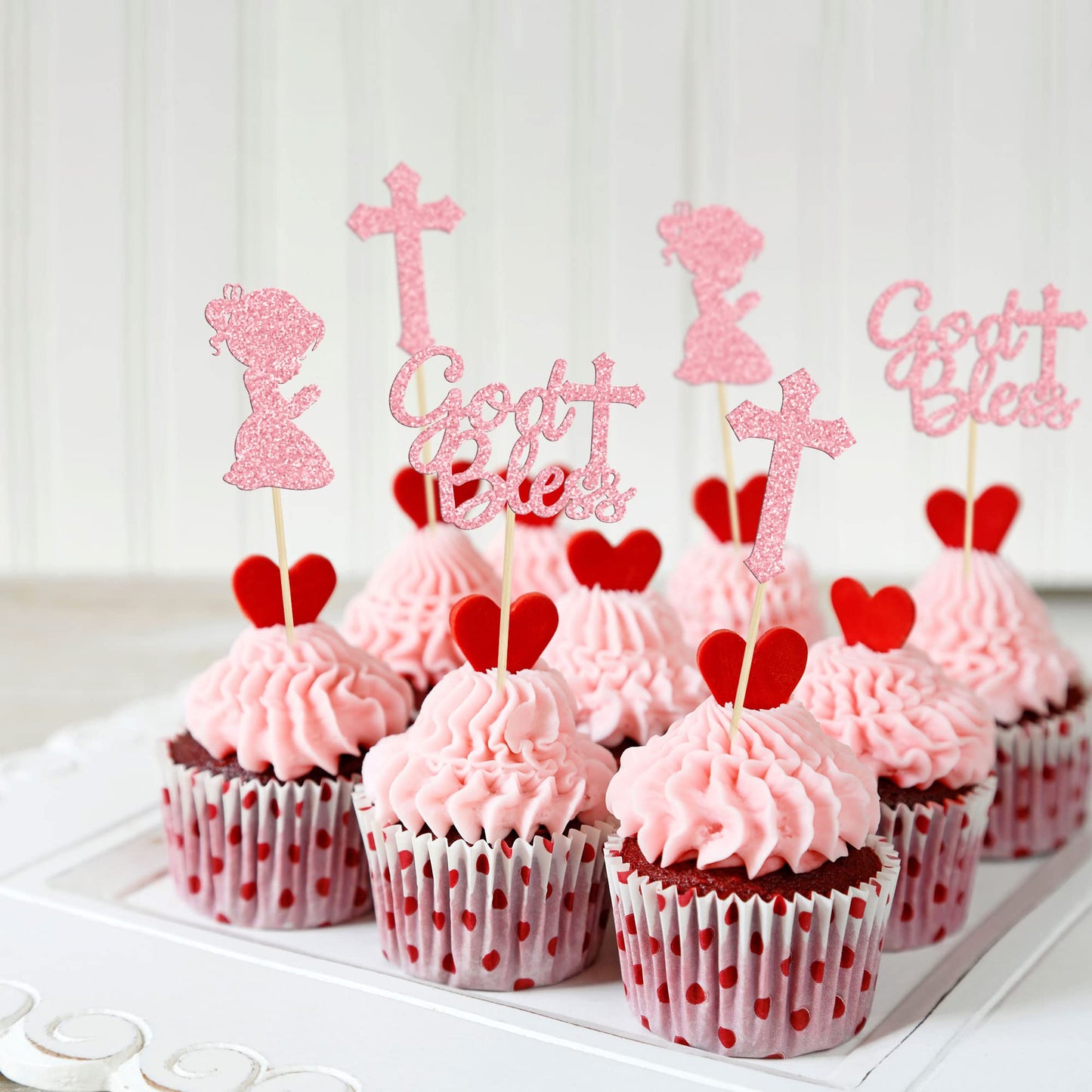 Gyufise 24Pcs Pink Glitter God Bless And Cross Cupcake Toppers Girl Babyshower Cake Topper Decorations For Babyshower Girl Bapti