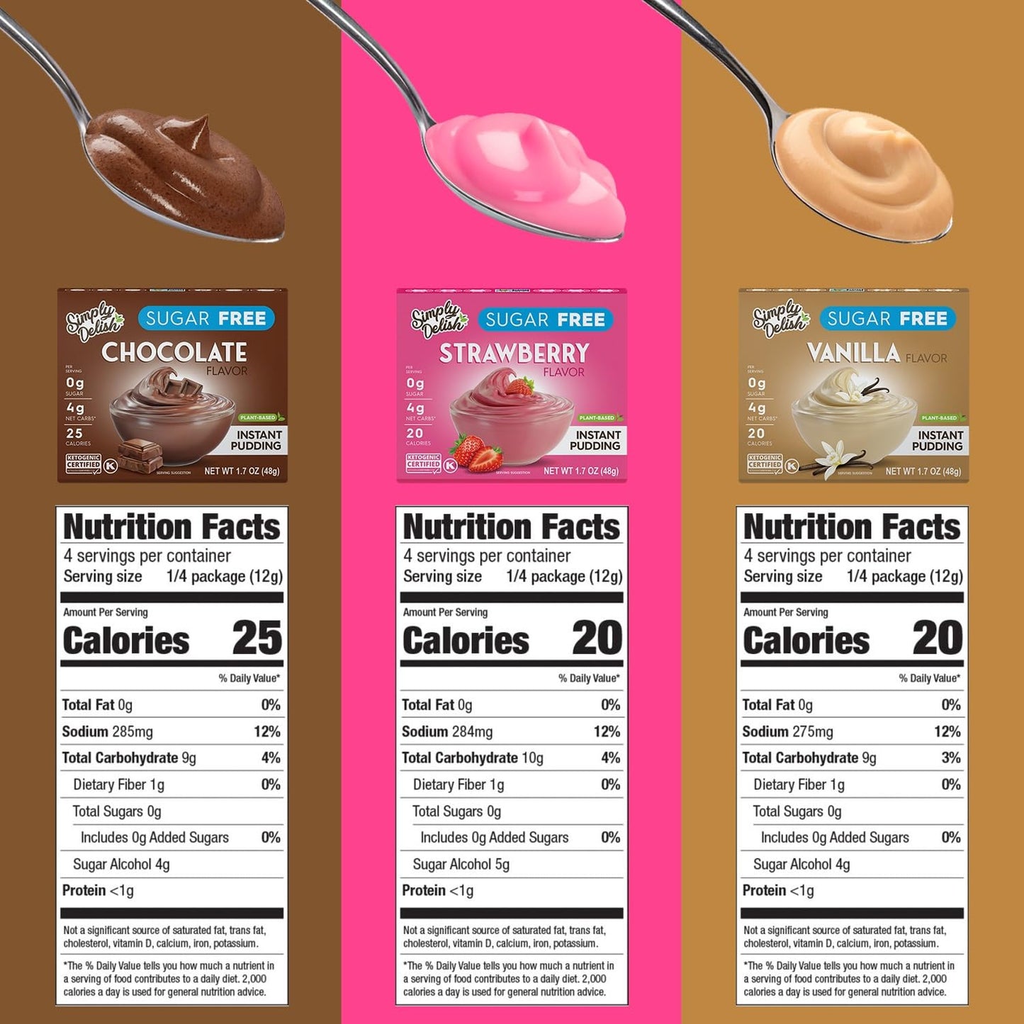 Simply Desserts Vanilla, Strawberry & Chocolate Instant Pudding, Sugar-Free, Variety 12-Pack - Healthy Dessert, Keto Snacks, Veg