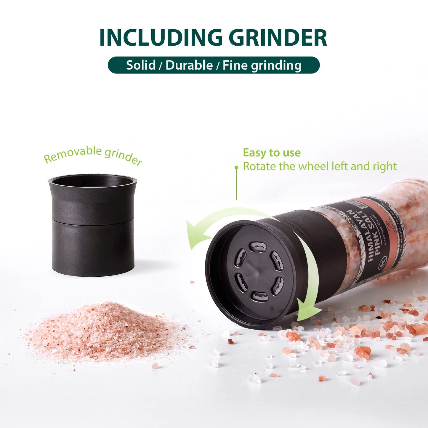 Soeos Whole Black Peppercorns, 6.7oz (190g) and Himalayan Pink Salt, 13.4oz (380g), Plastic Bottle Grinder with Spice Grinder wi