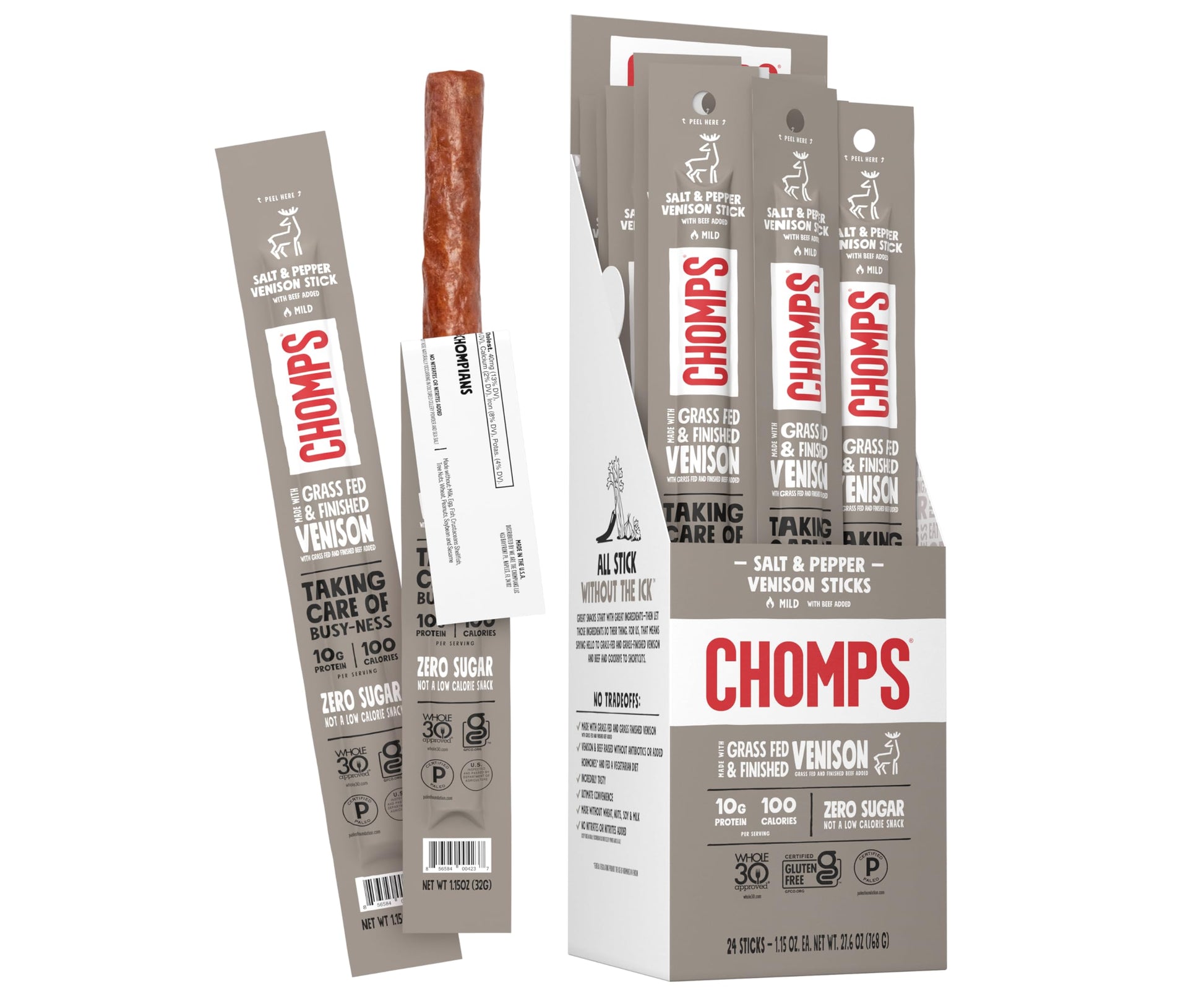 Chomps Grass Fed Venison Jerky Snack Sticks, Keto & Paleo, Whole30 Approved, Non-Gmo, Gluten Free, Sugar Free, Nitrate Free, 90