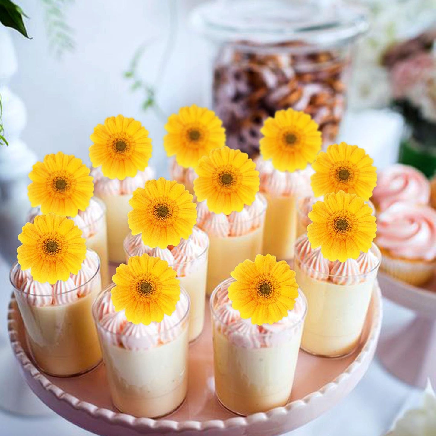 Keaziu Edible Daisy Cupcake Toppers - Gold Paper, 2x0.05 inches, 40 Pack for Parties, Showers, and Decorations
