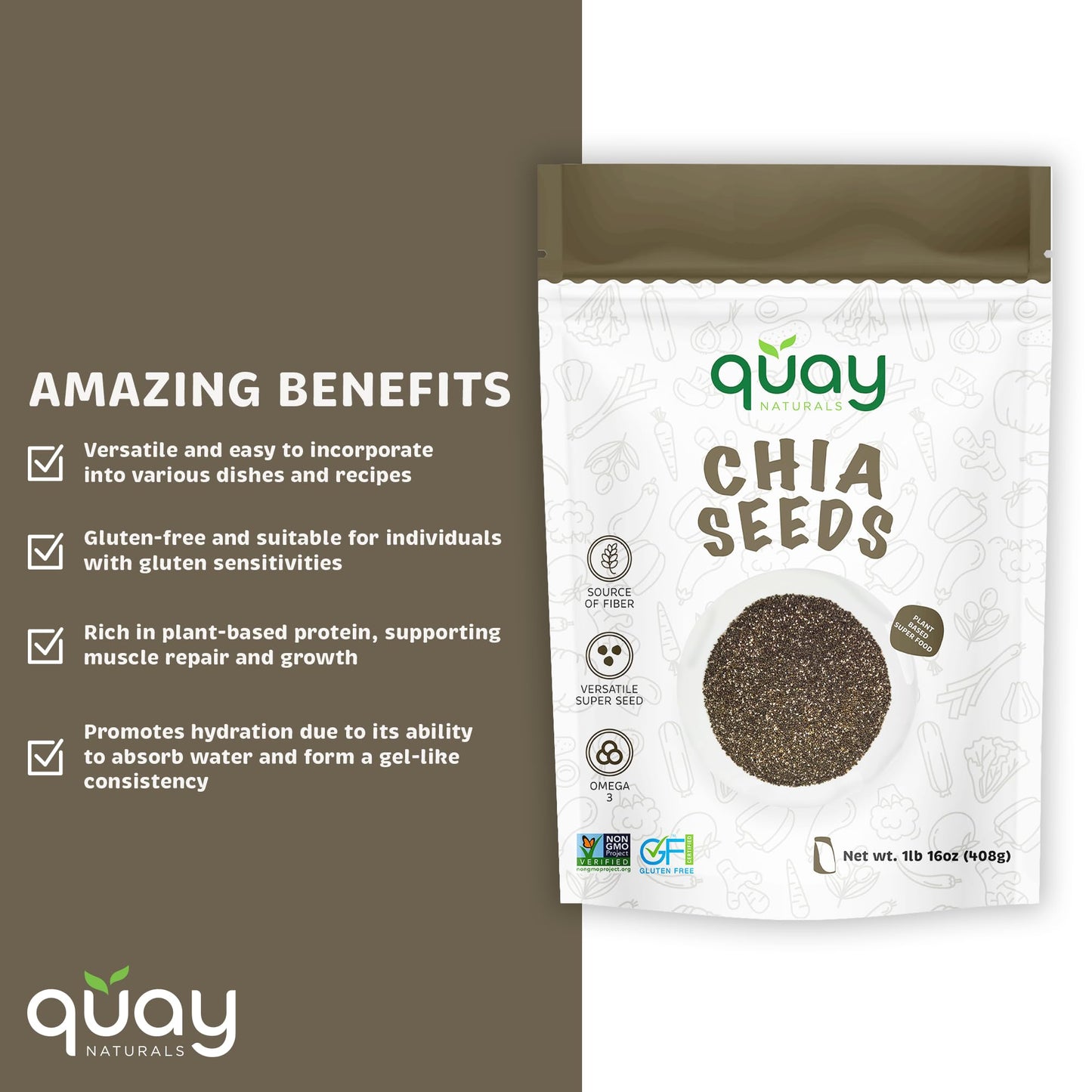 Quay Naturals Organic Chia Seeds, 2lb, Non-GMO, Gluten Free, High Fiber, Black Chia Seeds Organic