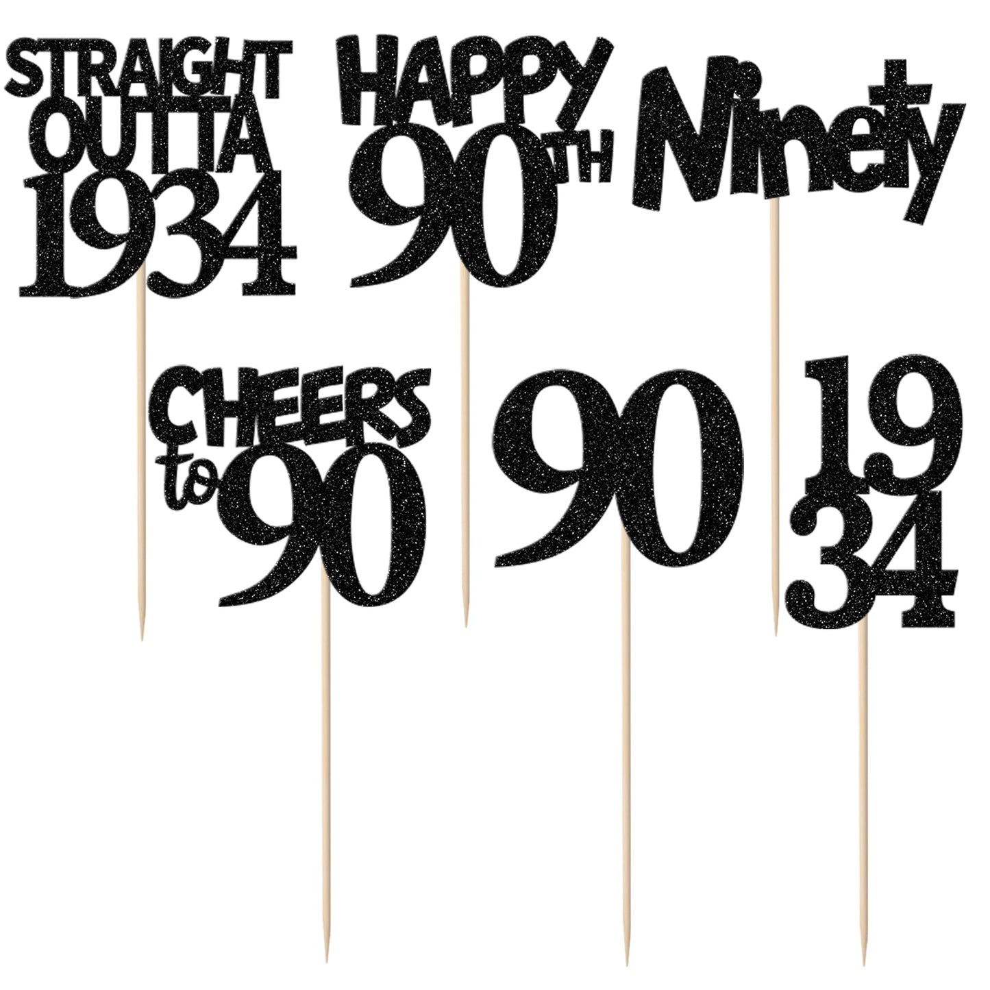 Rssta i Cupcake Toppers 24 Pack, 90th Birthday Decorations, Black Paper, Model XM236-black 90th