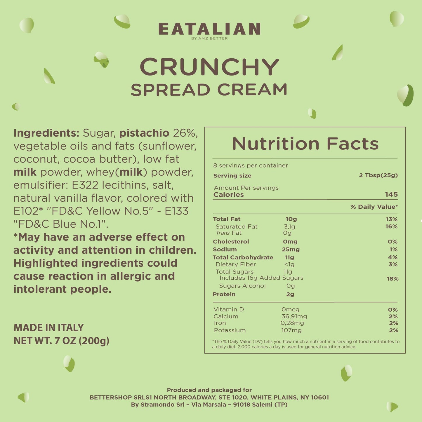Eatalian By Amz Better Spreadable Crunchy Pistachio Cream 7 Oz/200 Gr, Pistachio Cream With Grains, Protein Paste, Sweet Taste,