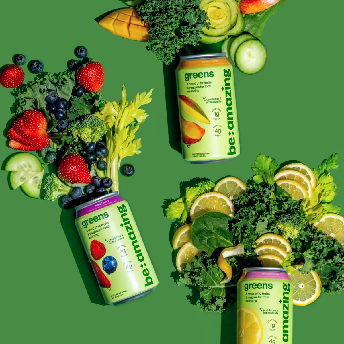 BE AMAZING Peach Mango Greens Drink - 10 Organic Fruits & Veggies, 12 oz (Pack of 8), Low Sugar, Vegan, Gluten Free, 25 Calories