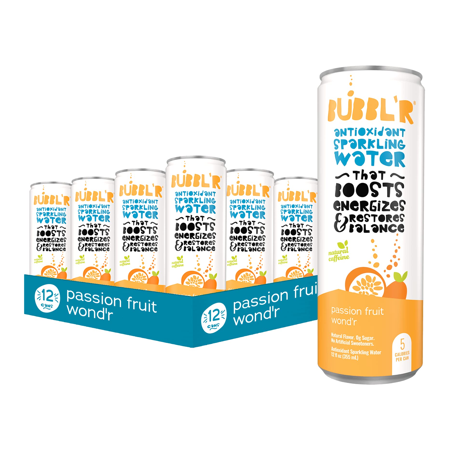 Bubblr Antioxidant Sparkling Water, Passion Fruit, 12 Fl Oz Cans, 12 Count, 0g Sugar, Gluten Free, All Natural Flavors