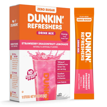 Dunkin Refreshers Singles To Go! Powdered Drink Mix Packets  Strawberry Dragon Fruit Lemonade  10 Packets Per Box   Energy From Green Tea  Aspartame-Free  No Synthetic Colors  Naturally And Artificially Flavored  Just Add Water