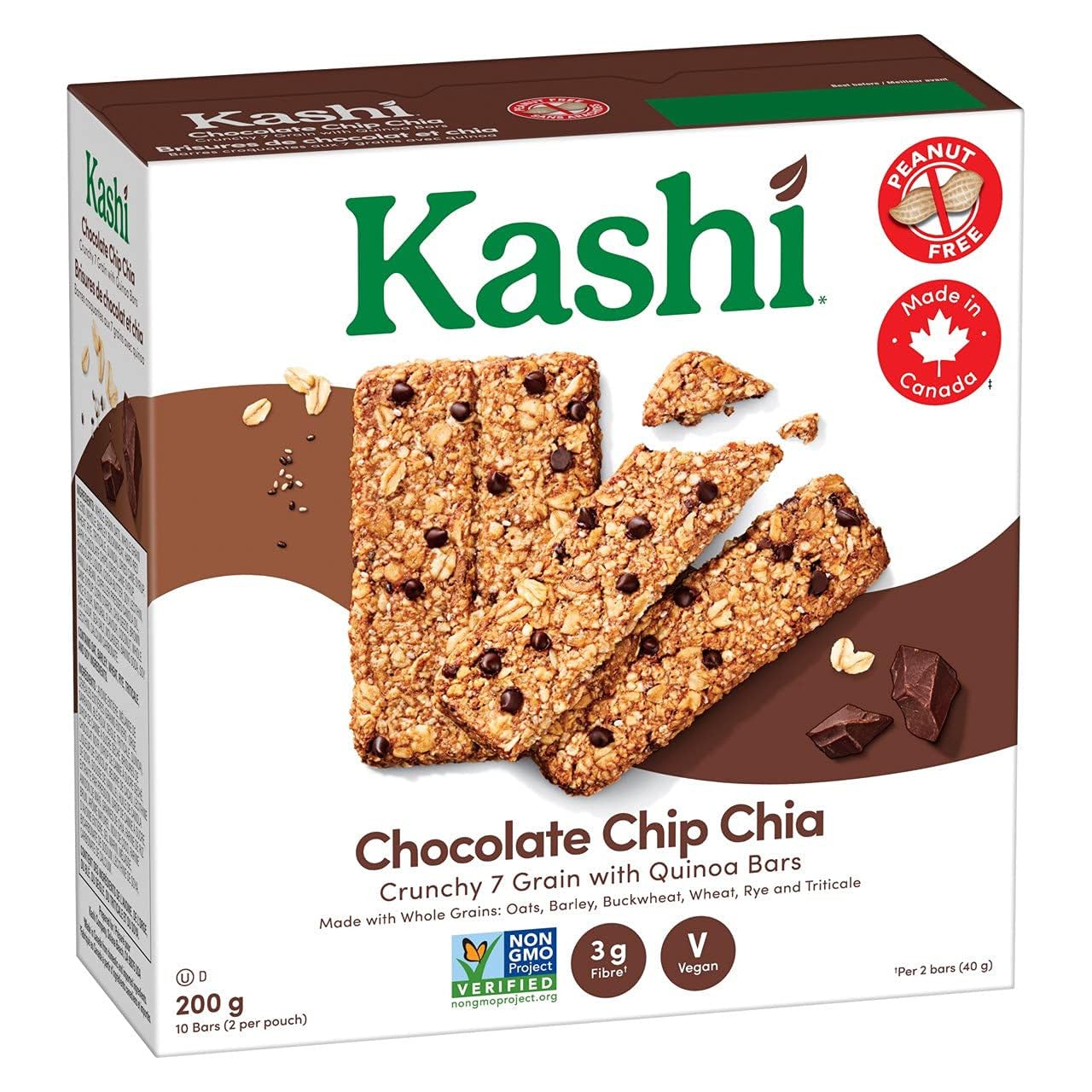 Kellogg's Kashi Seven Grain with Quinoa Bars, Chocolate Chip Chia, Non-GMO, 200g/7.1oz, Box - Healthy Snack Option