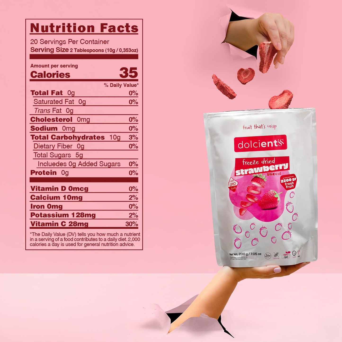 Dolcientis Freeze Dried Strawberries Sliced | 100% Natural Healty Fruit Snacks | Emergency Food Supply 25 Year Shelf Life | Non