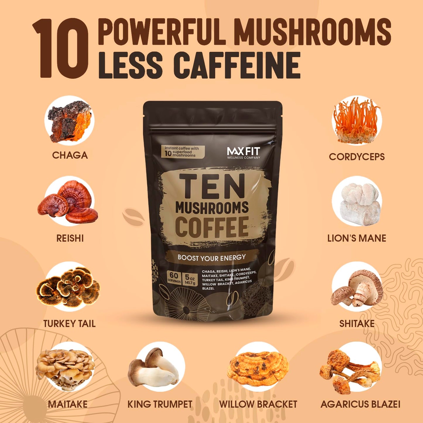 Mushroom Coffee Organic (60 Servings) 10 Mushrooms (Lions Mane, Cordyceps, Turkey Tail & Other) Mixed With Gourmet Arabica Insta