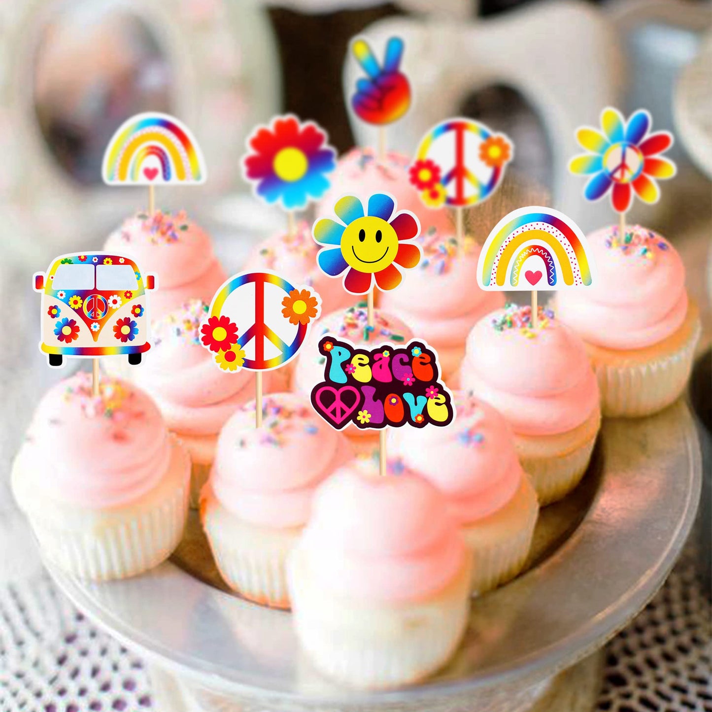 Keaziu 32 Pack Hippie Theme Cupcake Toppers Peace Sign Hand Cupcake Picks 60S Theme Flower Boho Rainbow Birthday Party Supplies