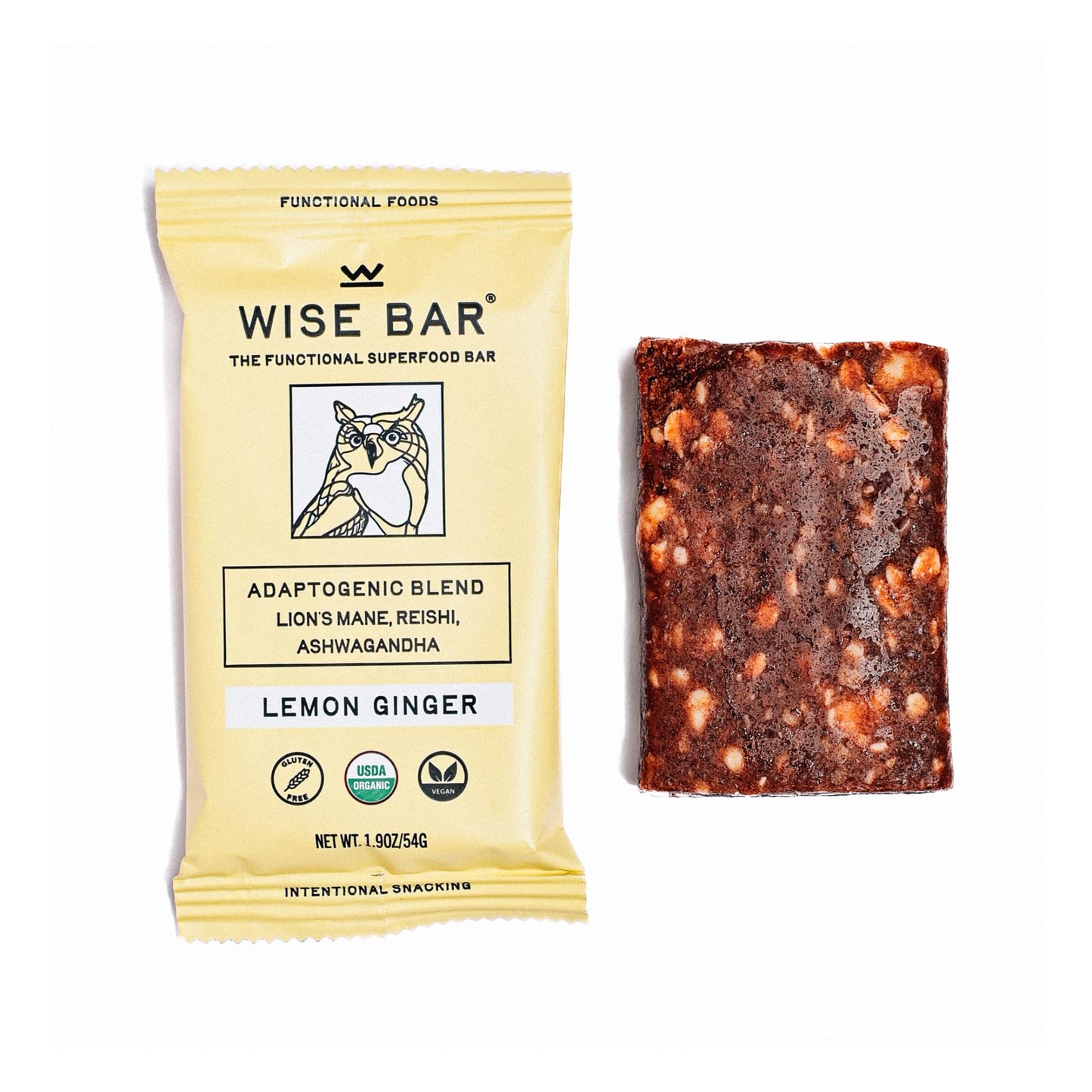 Wise Bar Adaptogen Mushroom Nutrition Bars With Reishi, Lions Mane & Ashwagandha, Organic Vegan & Gluten Free Snacks For Natural Focus, Energy & Immunity Support, Lemon Ginger Flavor, 12 Count