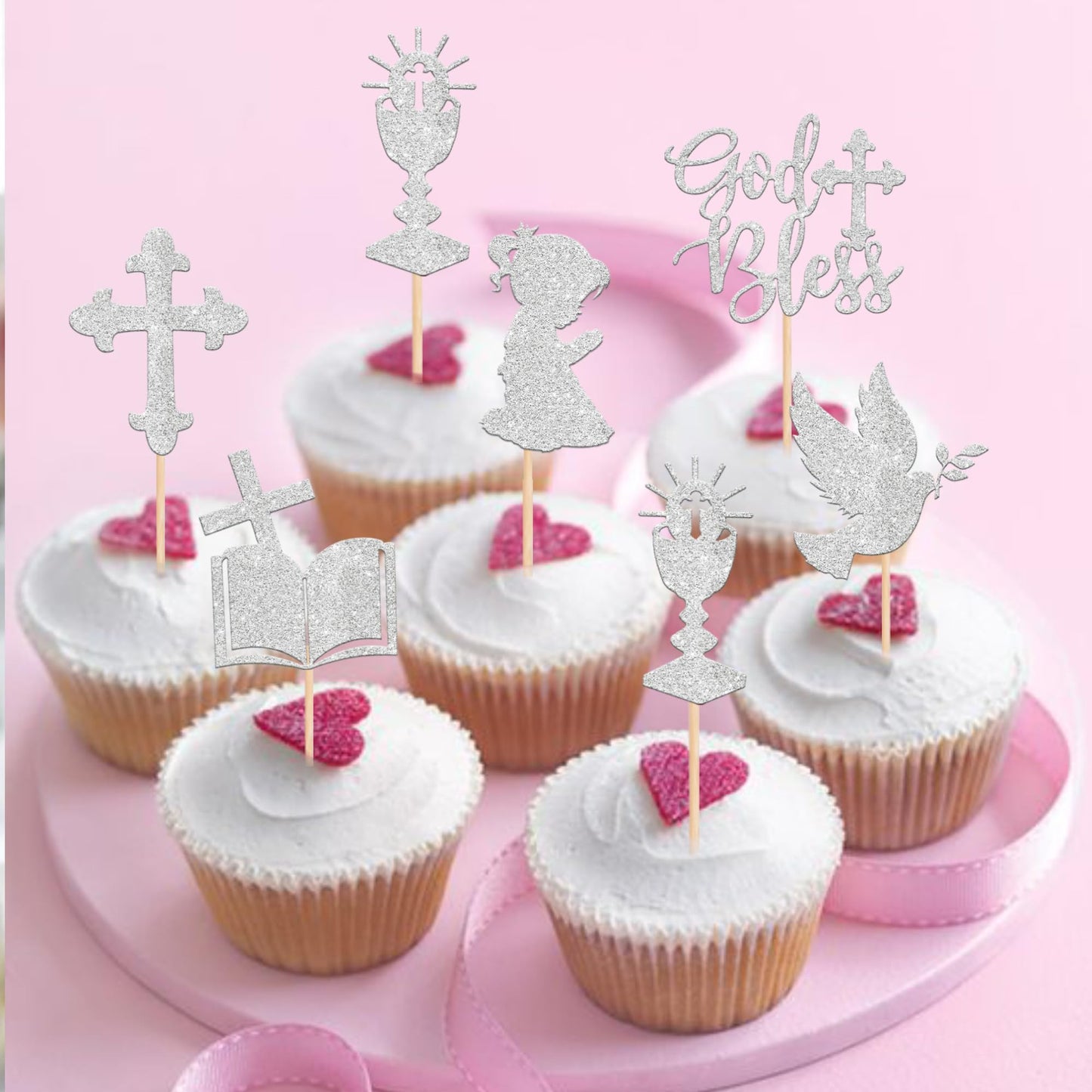 ZHUOWEISM 24 PCS Cupcake Toppers Glitter Dove Cross First Communion Decorations Small Silver