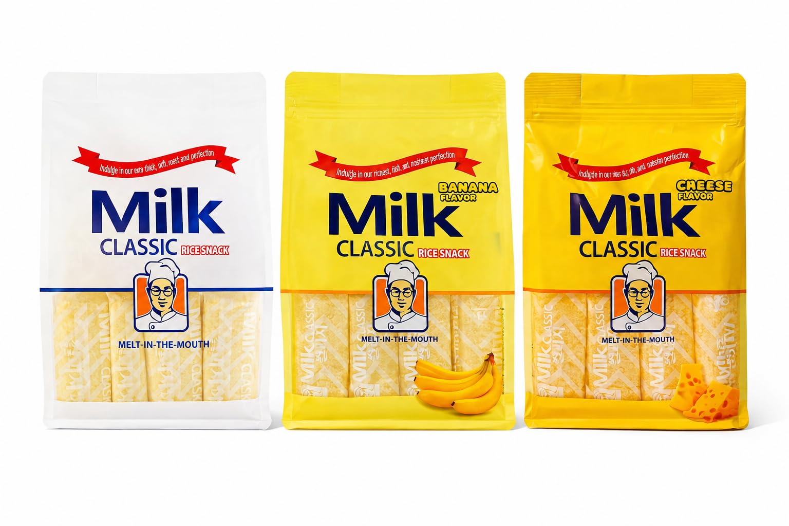 Milk Rice Snack Variety Pack - 3 Flavors (Milk, Banana & Cheese), Non-Fried Crispy Korean Rice Snack, Individually Wrapped Kids 