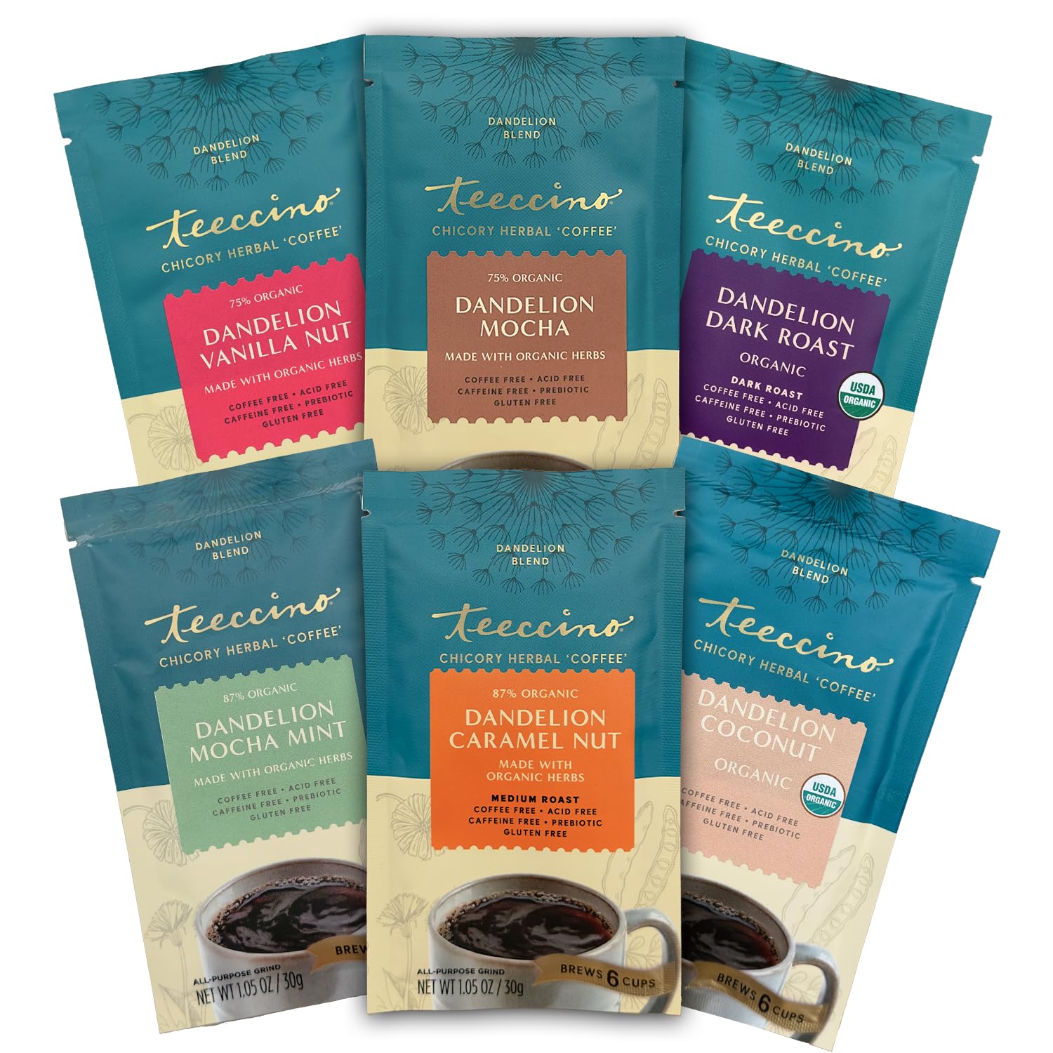 Teeccino Dandelion Root Herbal Coffee Sampler - Caffeine-Free, 6 Trial Size Packets, 1.05 Ounce