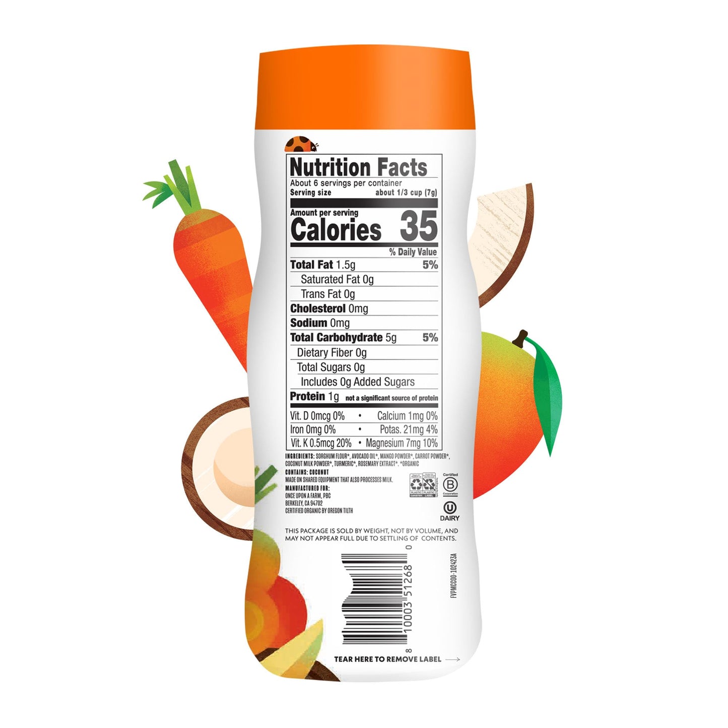 Once Upon A Farm Organic Baby Fruit & Veggie Puffs, Mango, Carrot & Coconut | 6 Count