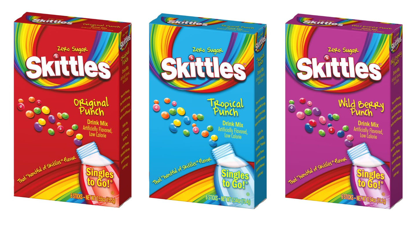 Skittles Singles To Go Drink Mix Variety Pack Bundle Original Punch, Tropical Punch And Wild Berry Punch - 3 Boxes With 6 Packet