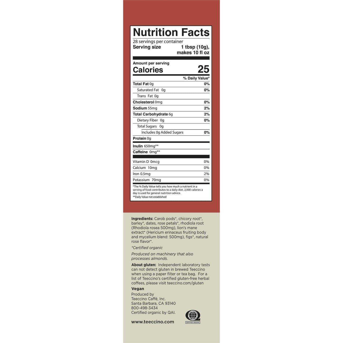 Teeccino Lion’s Mane Rhodiola Coffee Alternative, Medium Roast, 10 Oz, Caffeine Free, Prebiotic, Acid Free